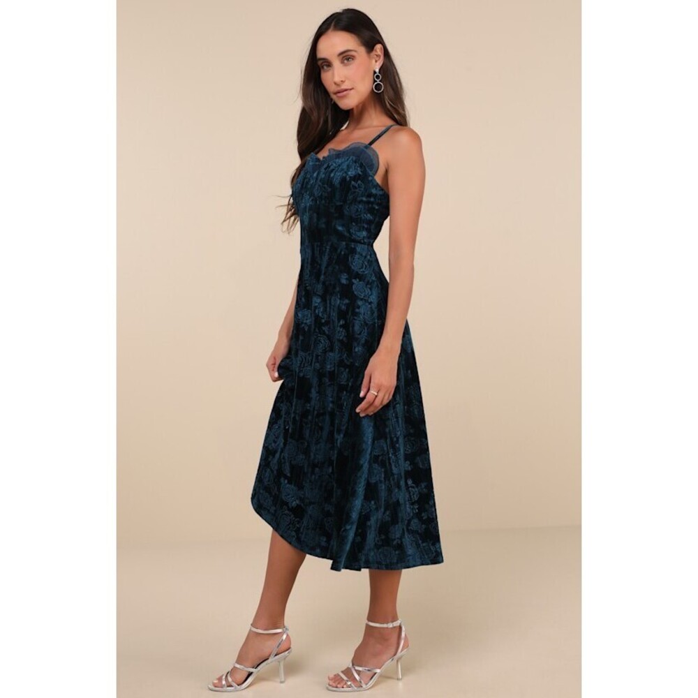 Lulus - Glamour Dark Teal Crushed Velvet Buster Midi Dress Blue